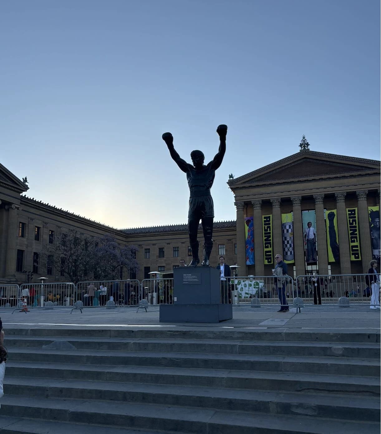 The Rocky statue in front of the Philadelphia Museum of Art at dusk
