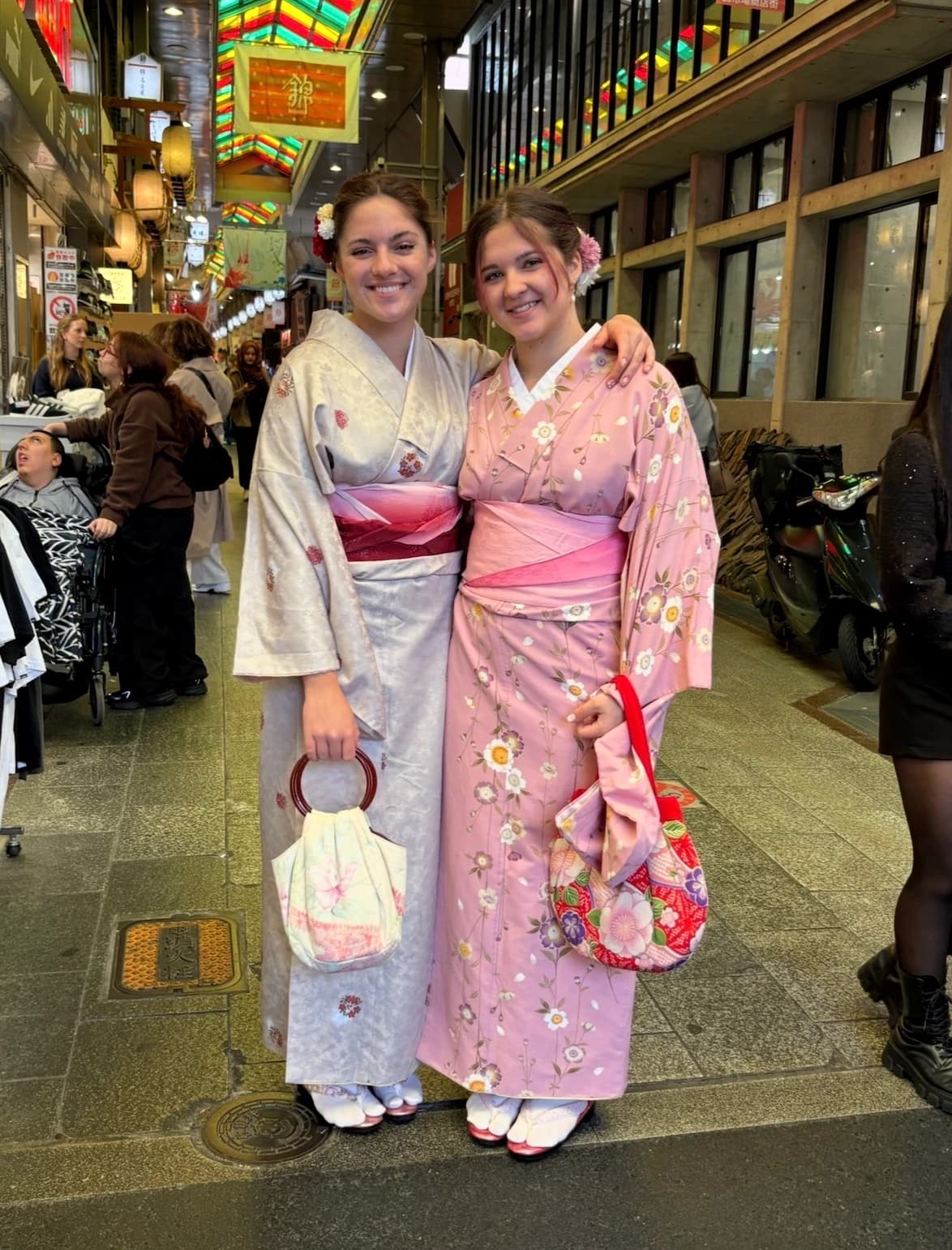 Naomi Peters in a kimono at Nishiki Market, Kyoto